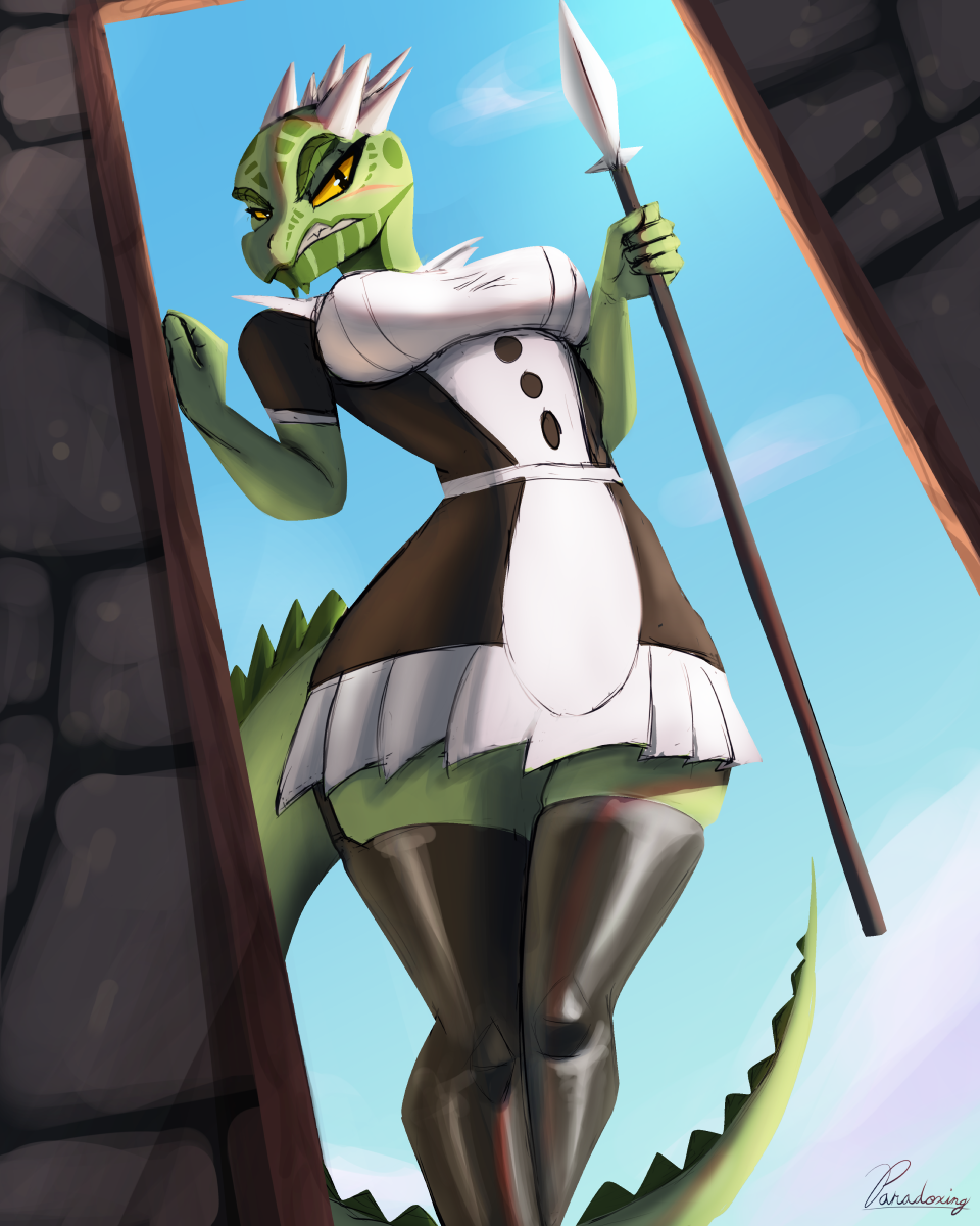 2023 4:5 angry anthro argonian bethesda_softworks breasts clothing deeja digital_media_(artwork) digital_painting_(artwork) doorway female hi_res latex_thigh_highs legwear looking_at_viewer low-angle_view lusty_argonian_maid maid_uniform melee_weapon paradoxing polearm scalie scar signature solo spear spikes spikes_(anatomy) tail the_elder_scrolls thigh_highs uniform weapon worm's-eye_view yellow_eyes