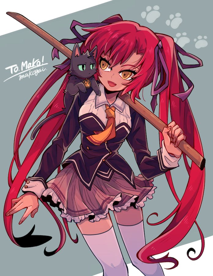 1girl :d animal_on_shoulder arm_at_side black_cat black_shirt bokken breasts brown_eyes cat cat_on_shoulder commentary commission english_commentary eye_contact eyelashes fang feet_out_of_frame frilled_skirt frills green_eyes grey_background hair_between_eyes hair_ribbon holding holding_sword holding_weapon light_blush long_hair long_sleeves looking_at_another mako_gai medium_breasts miniskirt neckerchief nora_to_oujo_to_noraneko_heart open_mouth orange_neckerchief paw_print purple_ribbon red_hair ribbon school_uniform shirt signature simple_background skeb_commission skirt smile solo standing sword takada_nobuchina thighhighs twintails very_long_hair weapon white_thighhighs wooden_sword zettai_ryouiki