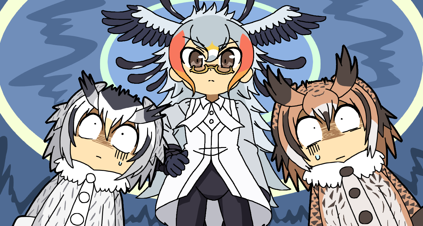 3girls arm_at_side arms_at_sides behind_another bird_wings brown_hair buttons chibi coat constricted_pupils eurasian_eagle_owl_(kemono_friends) fisheye glasses gloom_(expression) gloves grey_hair hair_between_eyes hand_on_own_hip head_wings height_difference kemono_friends long_hair long_sleeves medium_hair multicolored_hair multiple_girls northern_white-faced_owl_(kemono_friends) orange_hair pants red_hair scared secretarybird_(kemono_friends) semi-rimless_eyewear shaded_face sky srd_(srdsrd01) sweatdrop under-rim_eyewear very_long_hair white_hair wide-eyed wings yellow-framed_eyewear