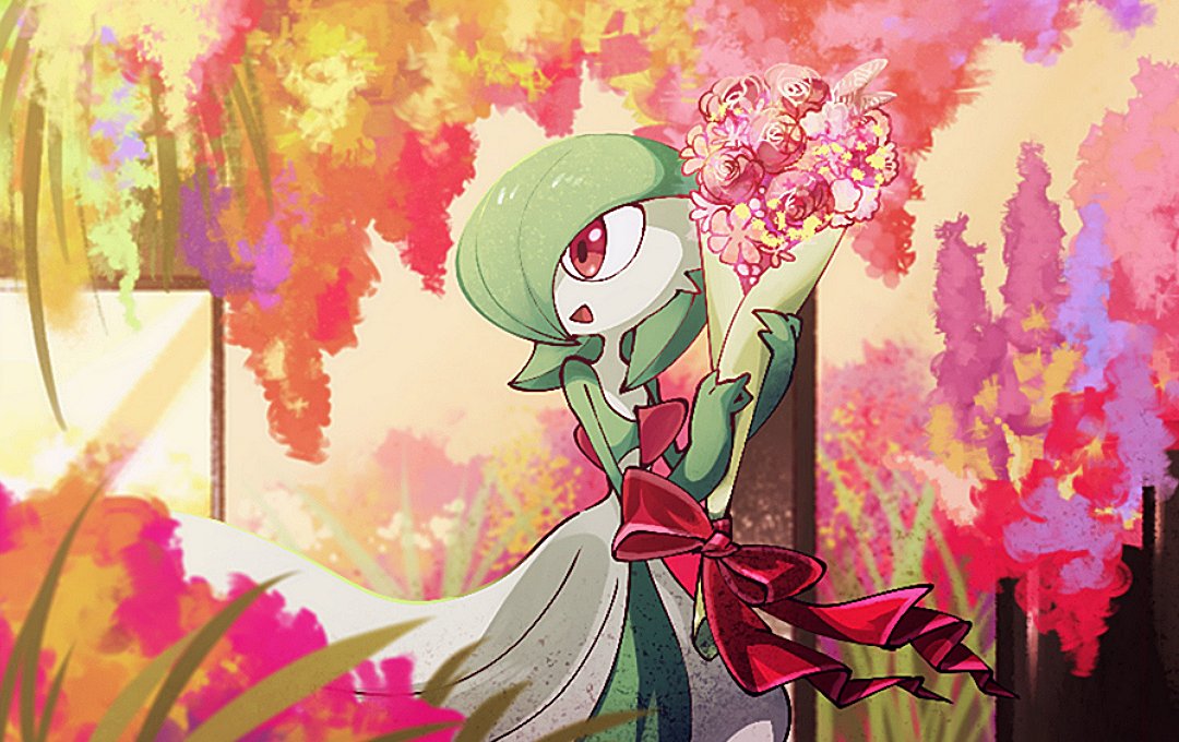 1girl bob_cut bouquet bow colored_skin commentary_request day flower gardevoir grass green_hair green_skin hair_over_one_eye happy holding holding_bouquet leaf looking_to_the_side multicolored_skin open_mouth outdoors pink_flower pokemon pokemon_(creature) red_bow red_eyes short_hair smile solo standing takenokonoko two-tone_skin white_skin