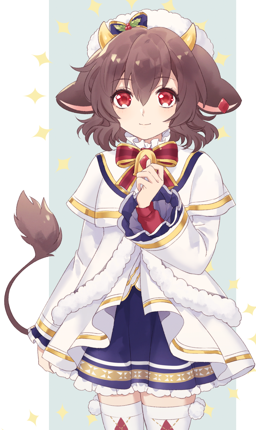 1girl animal_ears bell blue_skirt bow brown_hair closed_mouth clothing_request cow_ears cow_girl cow_horns cow_tail hat highres holmy_(show_by_rock!!) horns jacket long_sleeves looking_at_viewer mel6969 neck_bell red_bow red_eyes short_hair show_by_rock!! skirt smile solo tail white_jacket