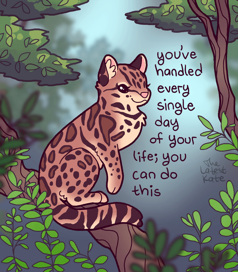 ambiguous_gender brown_body brown_eyes brown_fur dialogue english_text felid feline feral fur leaf leopardus looking_at_viewer mammal motivational_poster ocelot outside pink_nose plant solo spots spotted_body spotted_fur text the_latest_kate tree