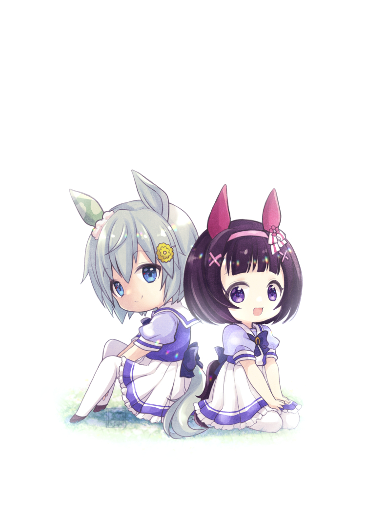 2girls animal_ears arai_cherry bangs blue_eyes bow bowtie brown_hair chibi closed_mouth ear_covers grey_hair hair_ornament hairband hairclip horse_ears knees_up looking_at_viewer multiple_girls nishino_flower_(umamusume) open_mouth purple_eyes purple_shirt sailor_collar school_uniform seal_impression seiun_sky_(umamusume) seiza shirt short_hair short_sleeves sitting skirt smile thighhighs tracen_school_uniform umamusume watermark white_skirt white_thighhighs x_hair_ornament