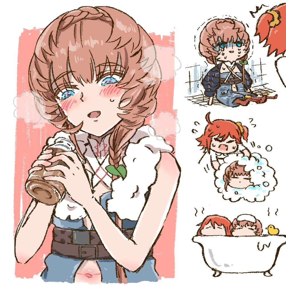 1girl 2girls bathing bathtub belt black_sleeves blue_eyes blue_overalls blush bottle braid brown_hair buckle chibi chocolate_milk closed_eyes clothing_cutout crying fate/grand_order fate_(series) fujimaru_ritsuka_(female) holding holding_bottle looking_at_object milk_bottle multiple_girls multiple_views navel navel_cutout on_floor open_mouth orange_hair orange_scrunchie overalls rubber_duck scrunchie shaking shimogamo_(shimomo_12) shirt shower_(place) side_braid side_ponytail soap_bubbles steam tears tile_floor tile_wall tiles towel towel_around_neck towel_on_head upper_body van_gogh_(fate) white_shirt