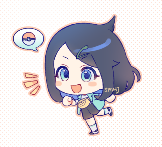 1girl :d black_hair black_shorts blush_stickers chibi commentary dotted_background full_body green_eyes green_jacket jacket leg_up liko_(pokemon) notice_lines open_clothes open_jacket open_mouth pokemon pokemon_(anime) pokemon_sv_(anime) shi_mohaji shirt shoes shorts signature smile socks solo spoken_object symbol-only_commentary white_shirt yellow_bag