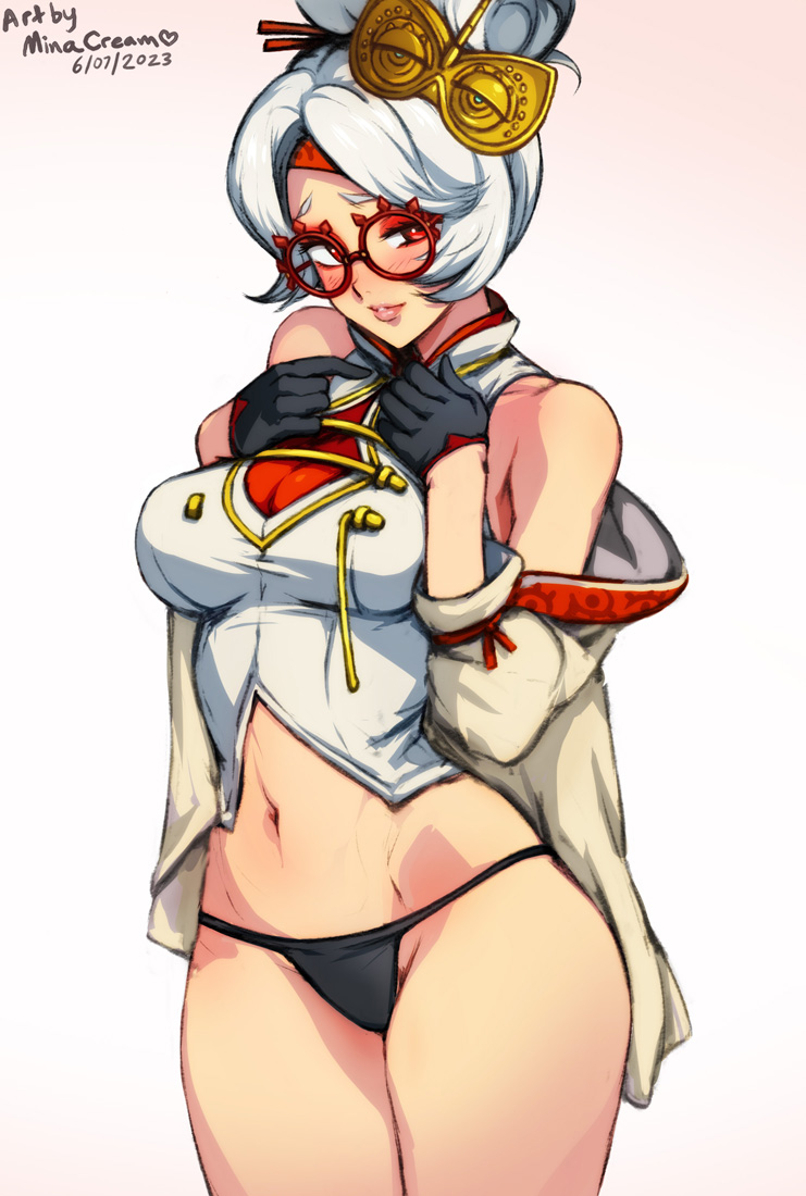 1girl adapted_costume black_gloves black_panties blush breasts cleavage eyeshadow eyewear_on_head glasses gloves hair_bun hair_ornament hair_stick large_breasts looking_at_viewer makeup mina_cream official_alternate_costume official_alternate_hairstyle panties purah red-framed_eyewear red_eyes red_eyeshadow round_eyewear sheikah smile solo the_legend_of_zelda the_legend_of_zelda:_tears_of_the_kingdom thong underwear white_hair