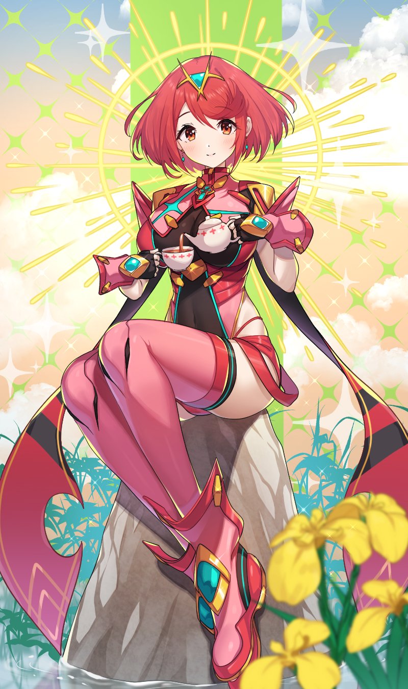 1girl blush breasts chest_jewel cup dangle_earrings earrings fingerless_gloves flower full_body gem gloves green322 headpiece highres holding holding_cup holding_teapot jewelry large_breasts looking_at_viewer micro_shorts pouring pyra_(xenoblade) red_eyes red_hair red_shorts rock short_hair shorts sitting smile solo swept_bangs tea teacup teapot thighhighs tiara xenoblade_chronicles_(series) xenoblade_chronicles_2 yellow_flower