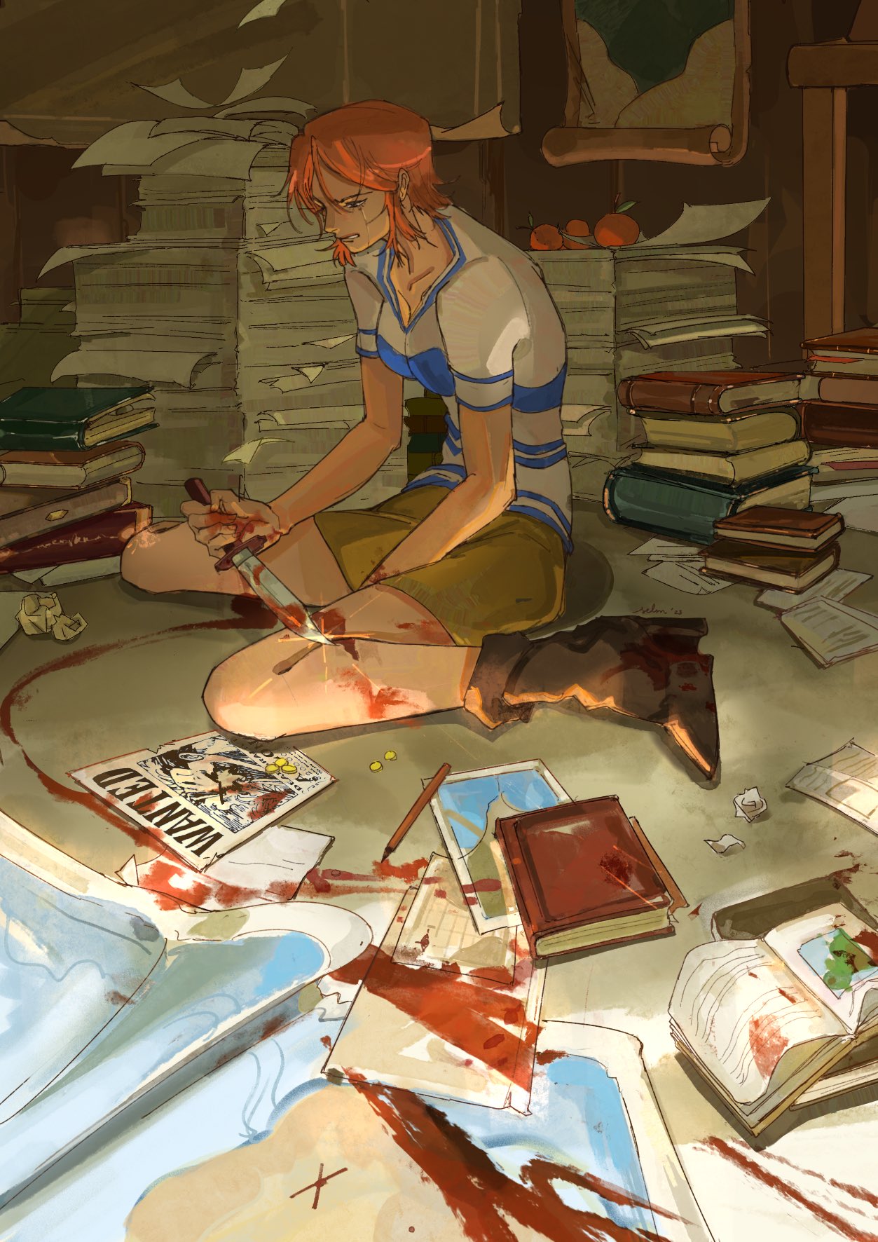 1girl arlong avenoirn blood blood_on_hands blood_on_knife book book_stack brown_eyes brown_shorts collarbone crumpled_paper crying crying_with_eyes_open food fruit full_body highres holding holding_knife indoors knife mandarin_orange map_(object) nami_(one_piece) one_piece orange_hair paper_stack short_hair shorts sitting solo sunlight tears wariza