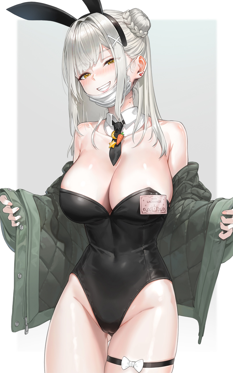 1girl animal_ears ass_visible_through_thighs bare_shoulders black_leotard bow bowtie breasts cameltoe collarbone covered_navel cowboy_shot detached_collar earrings fake_animal_ears grey_hair grin hair_bun head_tilt highleg highleg_leotard highres id_card jacket jewelry kfr large_breasts leotard long_hair looking_at_viewer mask mole mole_on_neck mouth_mask necktie open_clothes open_jacket original playboy_bunny rabbit_ears sidelocks simple_background smile solo thigh_gap thigh_strap yellow_eyes