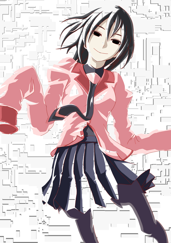 1girl black_eyes black_hair black_pantyhose black_skirt black_undershirt breasts closed_mouth commentary dress_shirt empty_eyes feet_out_of_frame floating_hair floating_necktie hair_between_eyes head_tilt light_smile long_sleeves looking_at_viewer monogatari_(series) naoetsu_high_school_uniform oshino_ougi outline owarimonogatari pale_skin pantyhose partially_unbuttoned pink_shirt pleated_skirt puffy_sleeves red_outline school_uniform see-through shirt short_hair skirt sleeves_past_fingers sleeves_past_wrists small_breasts smile solo suzu-q transparent very_long_sleeves w_arms white_background