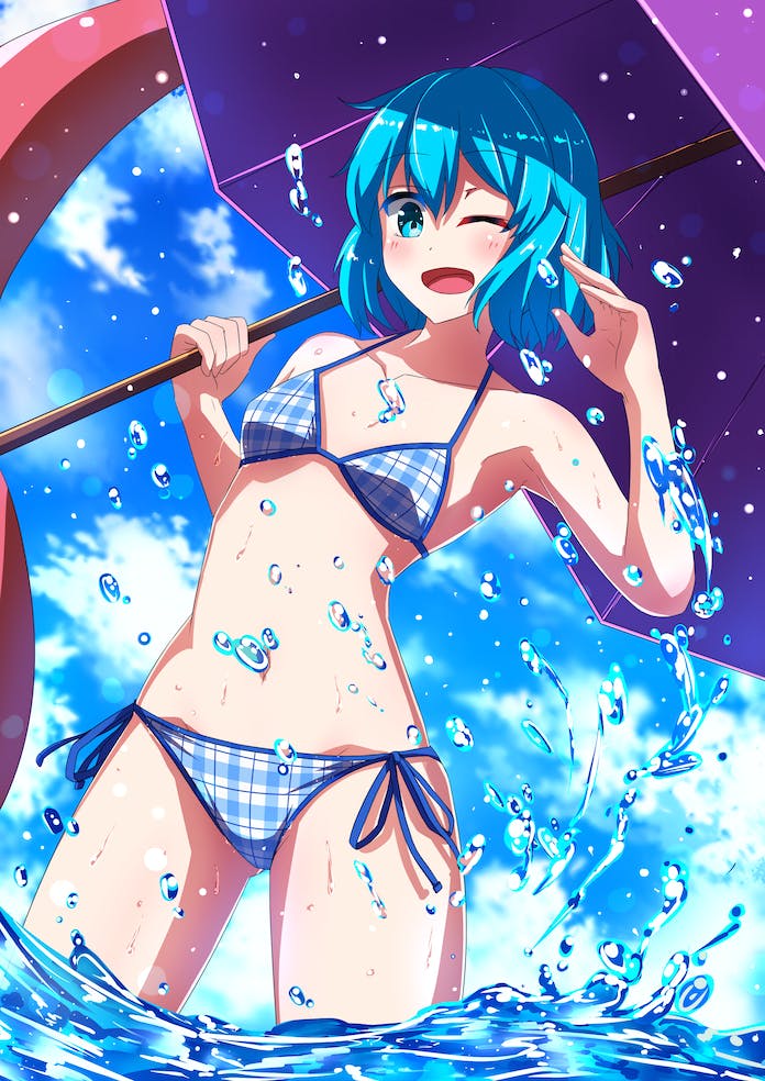 1girl ;o bikini blue_bikini blue_eyes blue_hair blue_sky breasts cloud commentary_request commission holding holding_umbrella karakasa_obake looking_at_viewer navel one_eye_closed outdoors plaid plaid_bikini purple_umbrella sazanami_mio_(style) shimotsuki_aoi short_hair side-tie_bikini_bottom skeb_commission sky small_breasts solo swimsuit tatara_kogasa tongue touhou umbrella wading water