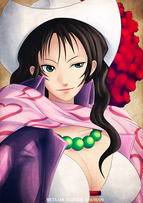 1girl 2011 alvida_(one_piece) bead_necklace beads black_hair closed_mouth cowboy_hat dated green_eyes hat hat_feather jewelry k-suwabe lipstick long_hair makeup necklace one_piece pink_scarf red_lips scarf smile solo wavy_hair white_hair