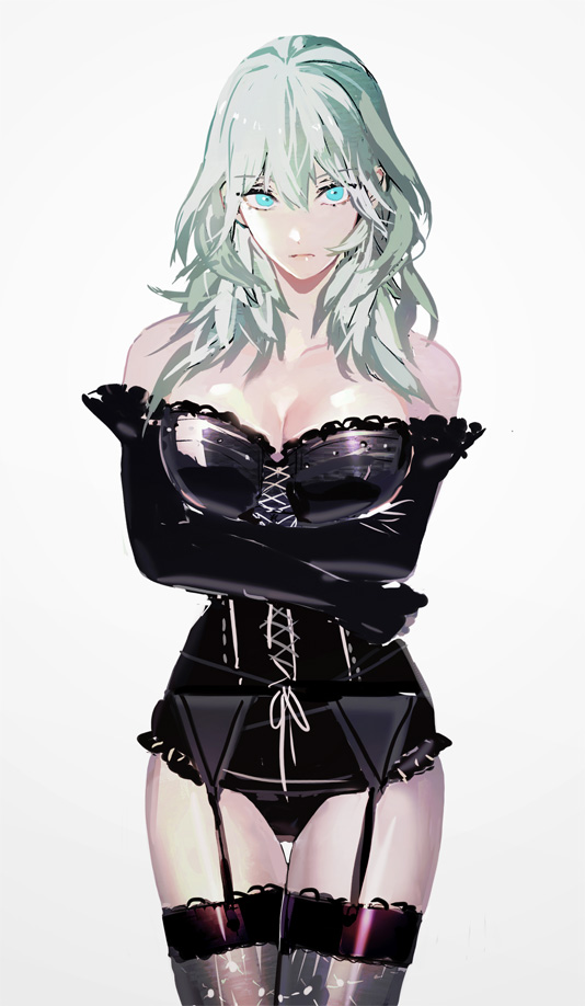 1girl alternate_costume alternate_hair_color black_gloves bodice breasts bustier byleth_(female)_(fire_emblem) byleth_(fire_emblem) cleavage elbow_gloves fire_emblem fire_emblem:_three_houses garter_straps gloves green_hair lace patterned_legwear thighhighs thighs tsukimura_noe