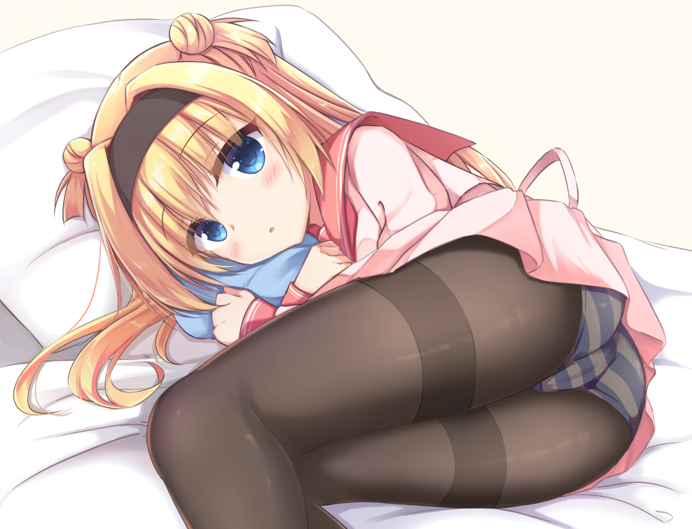 1girl black_hairband black_pantyhose blonde_hair blue_eyes blush cameltoe chitose_sana commentary_request commission crossed_arms double_bun eyelashes eyes_visible_through_hair feet_out_of_frame from_behind hair_between_eyes hair_bun hair_intakes hairband head_on_pillow igarashi_kenji legs_together long_hair long_sleeves looking_at_viewer lying miniskirt object_hug on_bed on_side panties panties_under_pantyhose pantyhose pantyshot parted_lips pillow pillow_hug pink_shirt pink_skirt pleated_skirt red_sailor_collar sailor_collar school_uniform serafuku shirt simple_background skeb_commission skirt solo striped striped_panties tenshinranman thighband_pantyhose thighs two_side_up underwear white_background