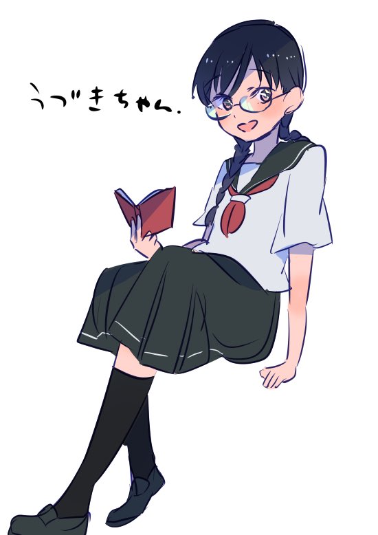 1girl black_eyes black_footwear black_hair black_sailor_collar black_skirt black_socks blush book braid character_name commentary_request crossed_legs full_body glasses hanada_hyou holding holding_book kneehighs long_hair looking_at_viewer low_twin_braids miniskirt neckerchief open_book open_mouth original red_neckerchief round_eyewear sailor_collar sailor_shirt school_uniform shirt shoes short_sleeves sitting skirt smile socks twin_braids white_shirt wide_sleeves