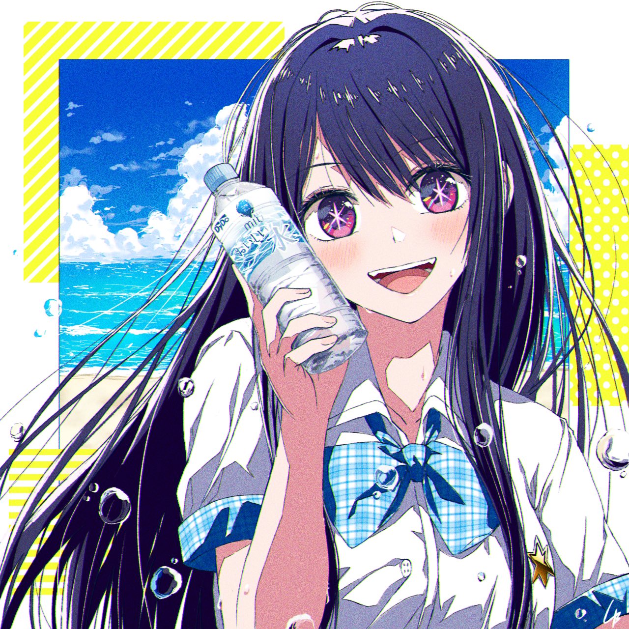 1girl 4b-enpitsu :d beach blue_bow blue_bowtie blue_sky border bottle bow bowtie chromatic_aberration cloud collarbone collared_shirt commentary_request day dress_shirt fangs film_grain hair_between_eyes head_tilt highres holding holding_bottle hoshino_ai_(oshi_no_ko) long_hair looking_at_viewer ocean open_mouth oshi_no_ko plaid plaid_bow plaid_bowtie purple_eyes purple_hair shadow shirt short_sleeves sidelocks signature sky smile solo star-shaped_pupils star_(symbol) sweatdrop symbol-shaped_pupils teeth upper_body upper_teeth_only water_drop white_border white_shirt