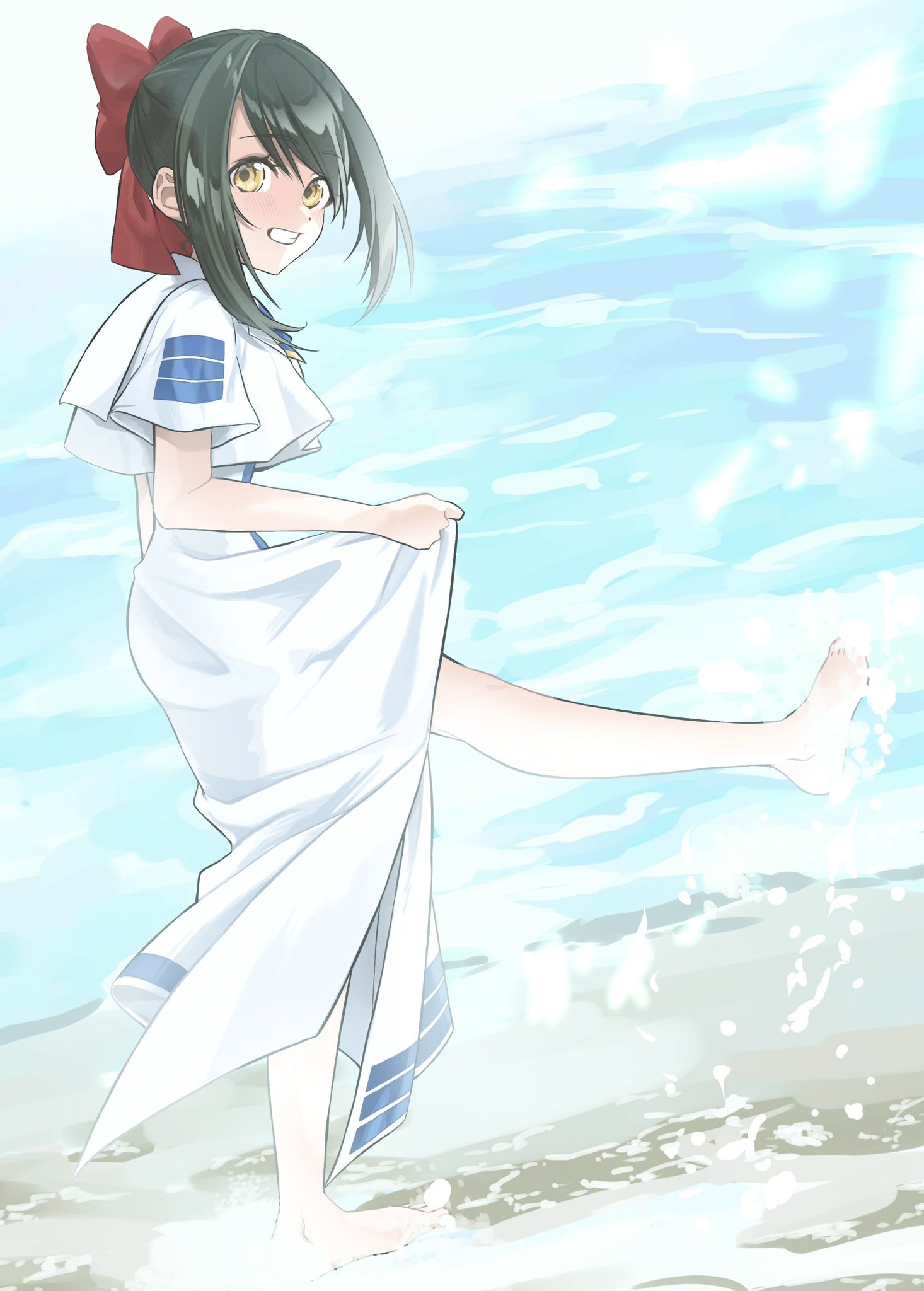 1girl ai_(aria) aogirism aria aria_company_uniform blue_bow blue_bowtie blush bow bowtie commentary_request day dress dutch_angle eyelashes feet full_body green_hair hair_bow highres holding ocean outdoors parted_bangs print_dress red_bow short_sleeves sidelocks skirt_hold solo splashing standing teeth toes white_dress yellow_eyes