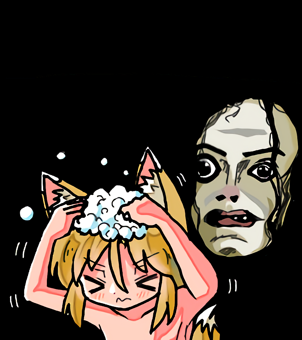 1girl animal_ears black_background blonde_hair blush closed_eyes closed_mouth dot_nose fox_ears fox_girl fox_tail kasuya_baian kudamaki_tsukasa medium_hair michael_jackson nude scared simple_background soap_bubbles tail touhou upper_body washing_hair