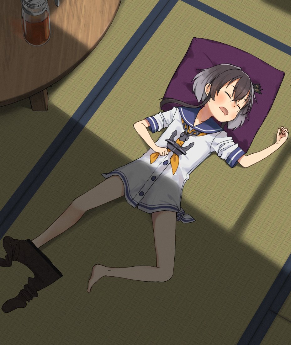 1girl annin_musou black_hair black_pantyhose blue_sailor_collar closed_eyes cushion dress hair_between_eyes kantai_collection neckerchief open_mouth pantyhose pantyhose_around_one_leg pantyhose_removed sailor_collar sailor_dress shadow short_hair_with_long_locks short_sleeves sidelocks sleeping solo table tatami tokitsukaze_(kancolle) white_dress yellow_neckerchief zabuton