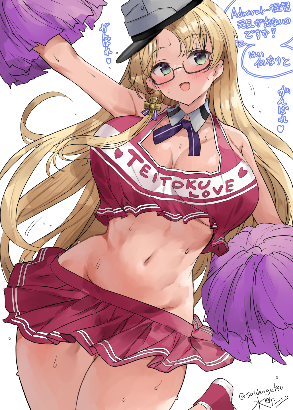 1girl arm_up black-framed_eyewear blonde_hair blush breasts cheerleader clothes_writing floating_hair flying_sweatdrops glasses green_eyes groin hair_ornament hat heart heart_print highres holding holding_pom_poms kantai_collection long_hair miniskirt mizuta_kenji motion_lines neck_ribbon northampton_(kancolle) one-hour_drawing_challenge parted_bangs pleated_skirt pom_pom_(cheerleading) red_footwear red_shirt red_skirt ribbon semi-rimless_eyewear shirt signature simple_background skirt sleeveless sleeveless_shirt solo sweat thick_thighs thigh_gap thighs twitter_username underboob very_long_hair white_background