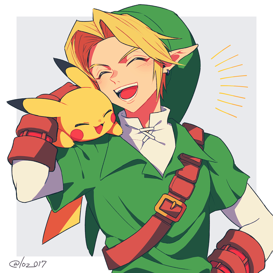 1boy animal_ears artist_name belt blonde_hair border brown_belt brown_gloves closed_eyes collared_shirt colored_skin crossover earrings gloves green_headwear green_shirt grey_background hand_on_own_hip hand_up hat jewelry link loz_017 lying mandarin_collar on_stomach open_mouth outside_border pikachu pointy_ears pokemon pokemon_(creature) shirt short_hair short_sleeves simple_background smile standing tail teeth the_legend_of_zelda tongue v-shaped_eyebrows white_border white_shirt wing_collar yellow_skin