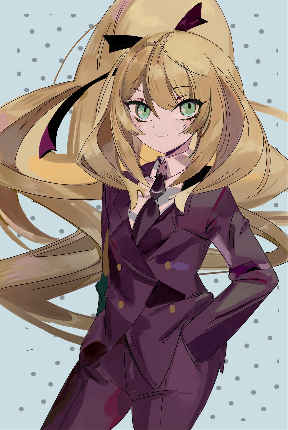 1girl blonde_hair blue_background business_suit buttons celine_(fire_emblem) dotted_background fire_emblem fire_emblem_engage green_eyes hair_tie hand_in_pocket highres long_hair necktie ruuu_ran_ran simple_background solo suit