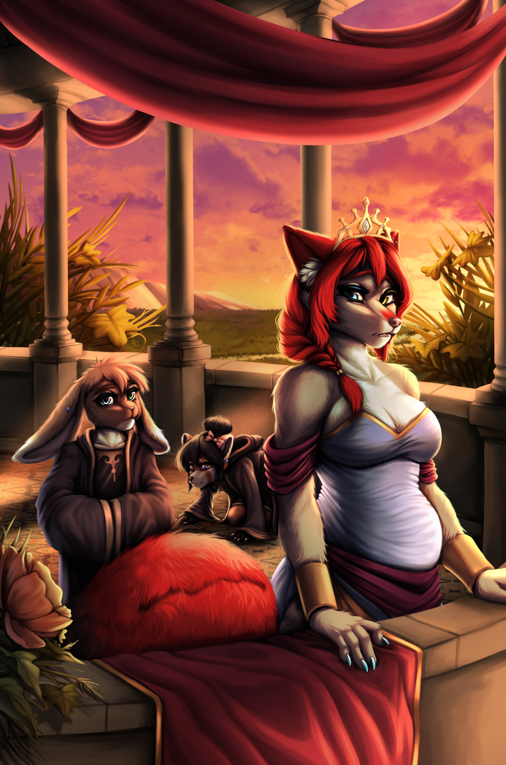 ailurid anthro balcony canid canine canis castle clothing column crown drapery dress female flower forest gown group hair_braid headgear heterochromia hi_res jake_thumpings jungle lagomorph legend_of_ahya leporid male mammal pillars plant princess rabbit red_panda robe royalty ruolina size_difference sunset tail tail_mouth taylor_renee_wolford_(darkflamewolf) tiara tree trio unusual_anatomy unusual_tail veranda wolf