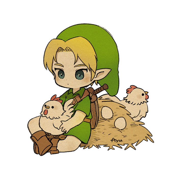 1boy animal ayu_(mog) bird blonde_hair blue_eyes boots brown_footwear chicken cucco dot_mouth dot_nose egg green_headwear green_tunic holding holding_animal holding_bird link male_focus shield_on_back short_hair solo sword sword_on_back the_legend_of_zelda the_legend_of_zelda:_ocarina_of_time weapon weapon_on_back wooden_shield young_link