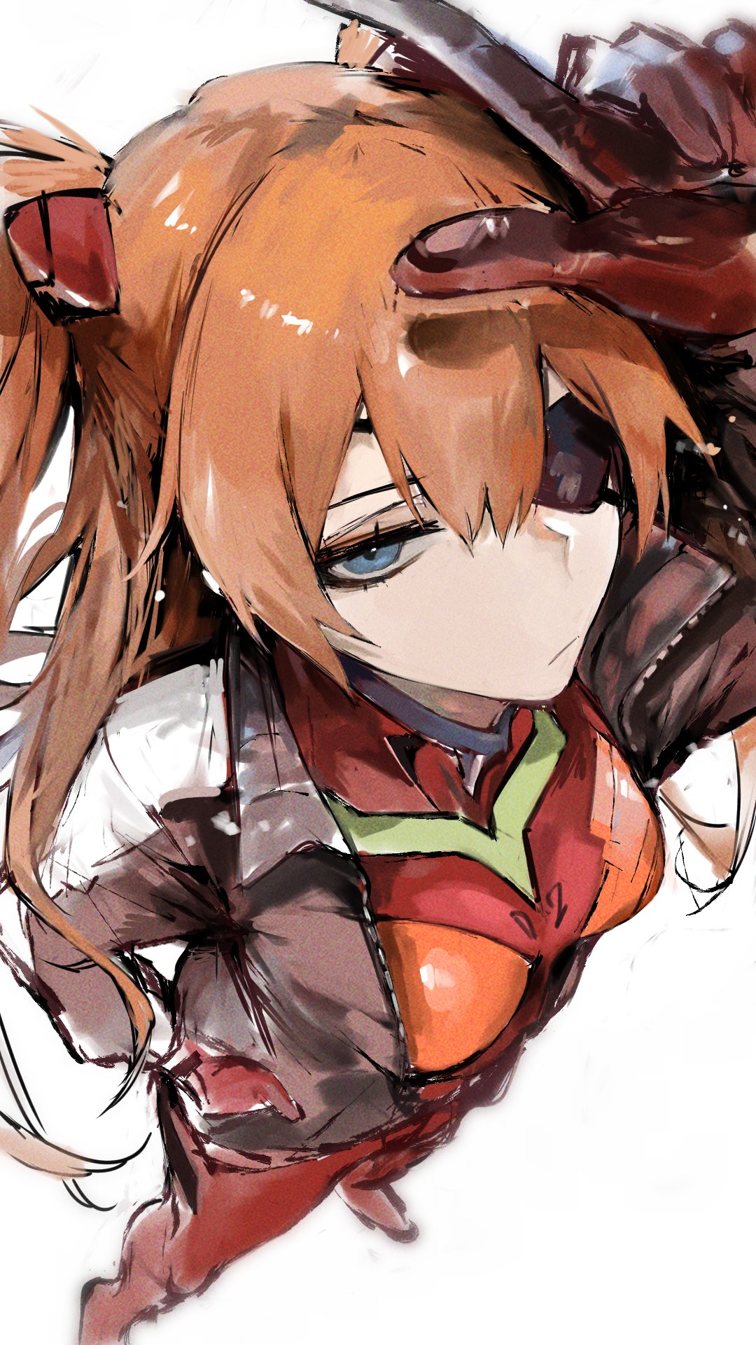 1girl blue_eyes breasts brown_jacket closed_mouth commentary dokuro_deluxe english_commentary evangelion:_3.0_you_can_(not)_redo eyepatch from_above gloves hair_between_eyes hand_in_pocket highres jacket looking_at_viewer medium_breasts neon_genesis_evangelion open_clothes open_jacket orange_hair plugsuit rebuild_of_evangelion red_gloves simple_background sketch solo souryuu_asuka_langley standing white_background