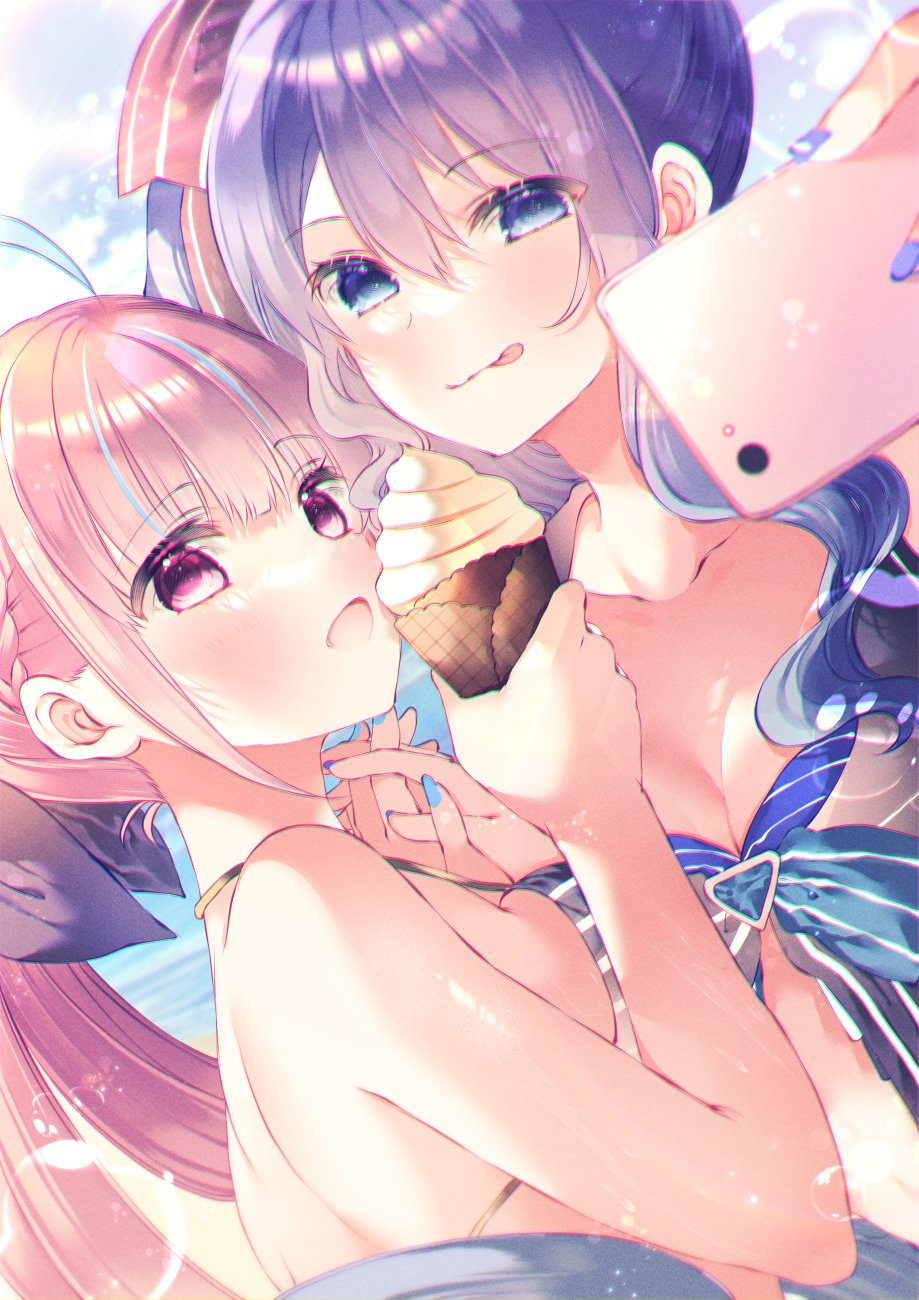 2girls bikini blue_eyes blue_hair blue_nails breasts cellphone cleavage closed_mouth food hair_between_eyes highres holding holding_hands holding_phone hololive hololive_summer_2023_swimsuit hoshimachi_suisei ice_cream large_breasts long_hair looking_at_viewer minato_aqua minato_aqua_(2nd_costume) moo_(umineko) multicolored_hair multiple_girls nail_polish open_mouth phone pink_eyes pink_hair selfie small_breasts smile streaked_hair striped striped_bikini swimsuit tongue tongue_out virtual_youtuber