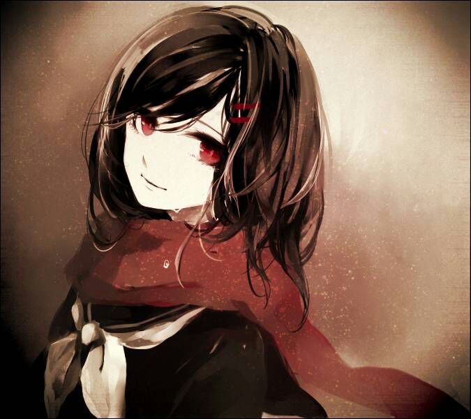 1girl bad_id bad_pixiv_id black_sailor_collar black_shirt brown_background brown_hair closed_mouth commentary enpera expressionless false_smile gradient_background hair_ornament hairclip haru_akinosuke kagerou_project light_brown_background limited_palette long_hair looking_at_viewer neckerchief pale_skin red_eyes red_scarf sailor_collar scarf school_uniform serafuku shirt sideways_glance smile solo swept_bangs tateyama_ayano tears upper_body vignetting white_neckerchief winter_uniform