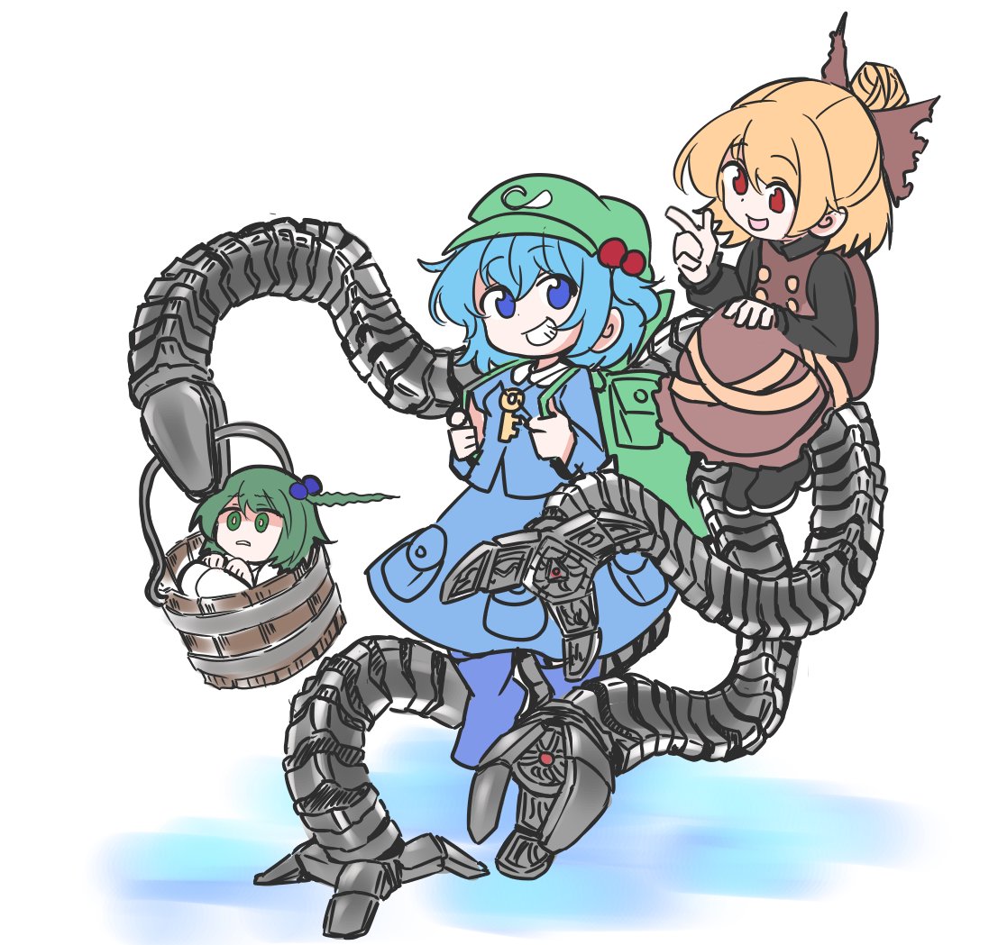 3girls aqua_hair backpack bag black_bow black_footwear black_shirt blonde_hair blue_eyes blue_footwear blue_shirt blue_skirt boots bow brown_dress bucket buttons collared_shirt cosplay doctor_octopus doctor_octopus_(cosplay) dress flat_cap full_body green_bag green_eyes green_hair green_headwear hair_bobbles hair_bow hair_bun hair_ornament hat in_bucket in_container jewelry kawashiro_nitori key key_necklace kisume knee_boots kurodani_yamame long_dress long_sleeves mechanical_tentacles medium_hair multiple_girls necklace open_mouth pinafore_dress pocket red_eyes ribbon rubber_boots shinmon_akika shirt shoes short_hair short_twintails sidelocks simple_background sitting skirt skirt_pocket skirt_set sleeveless sleeveless_dress smile spider-man_2 teeth touhou twintails two_side_up white_background white_dress yellow_ribbon