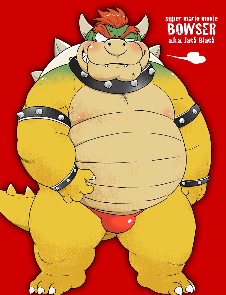 2023 anthro belly big_belly blush bowser bulge clothing english_text kemono koopa male mario_bros moobs nintendo nipples overweight overweight_male red_background scalie simple_background solo text underwear wantaro