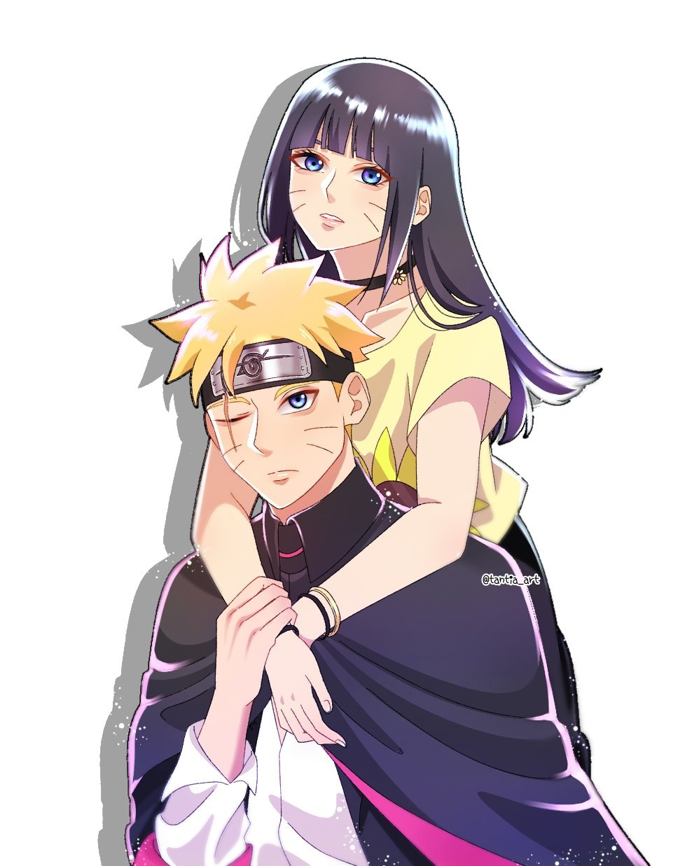 blonde_hair blue_eyes blue_hair boruto:_two_blue_vortex brother_and_sister crop_top facial_mark family flower highres non-web_source scar scar_on_face siblings sunflower uzumaki_boruto uzumaki_himawari