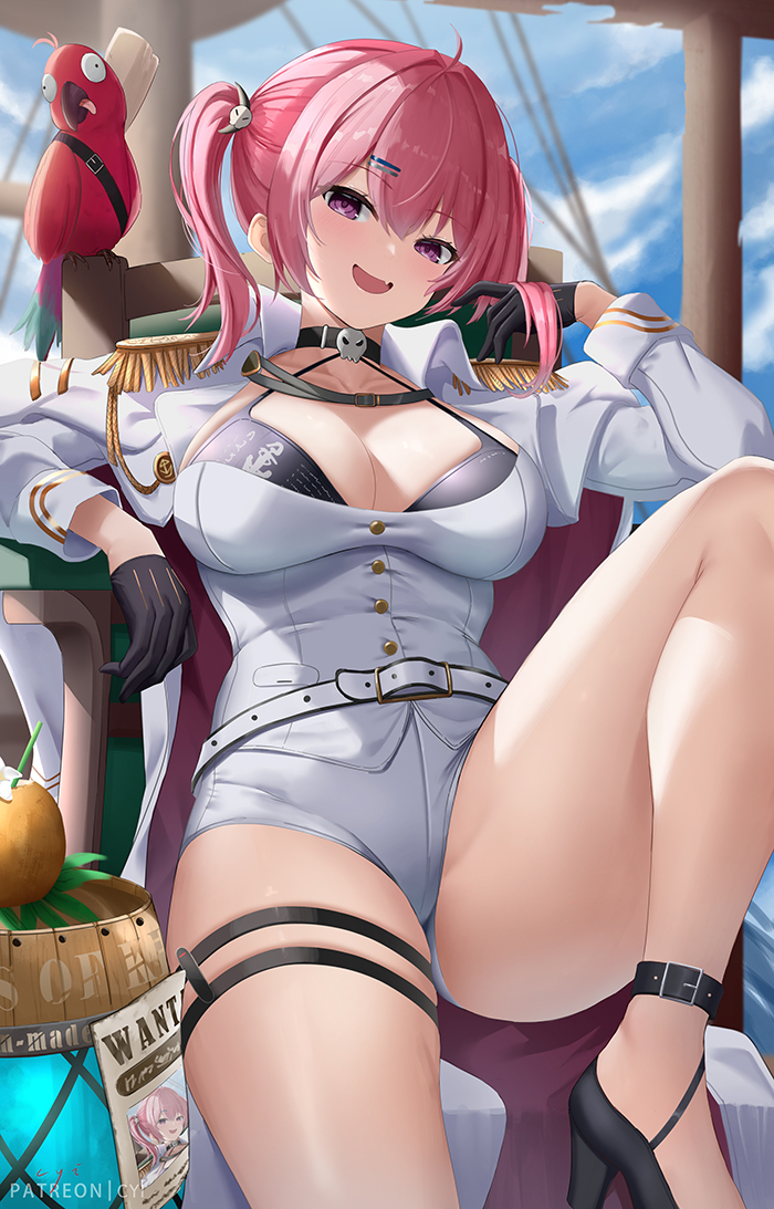 1girl aiguillette barrel belt bird black_gloves blue_sky blush breasts cape cleavage coconut_cup cyicheng epaulettes gloves goddess_of_victory:_nikke hair_ornament hairclip high_heels jacket large_breasts long_hair long_sleeves looking_at_viewer mast_(nikke) open_mouth parrot shorts sitting skull_choker skull_hair_ornament sky smile solo thighs twintails white_cape white_jacket white_shorts