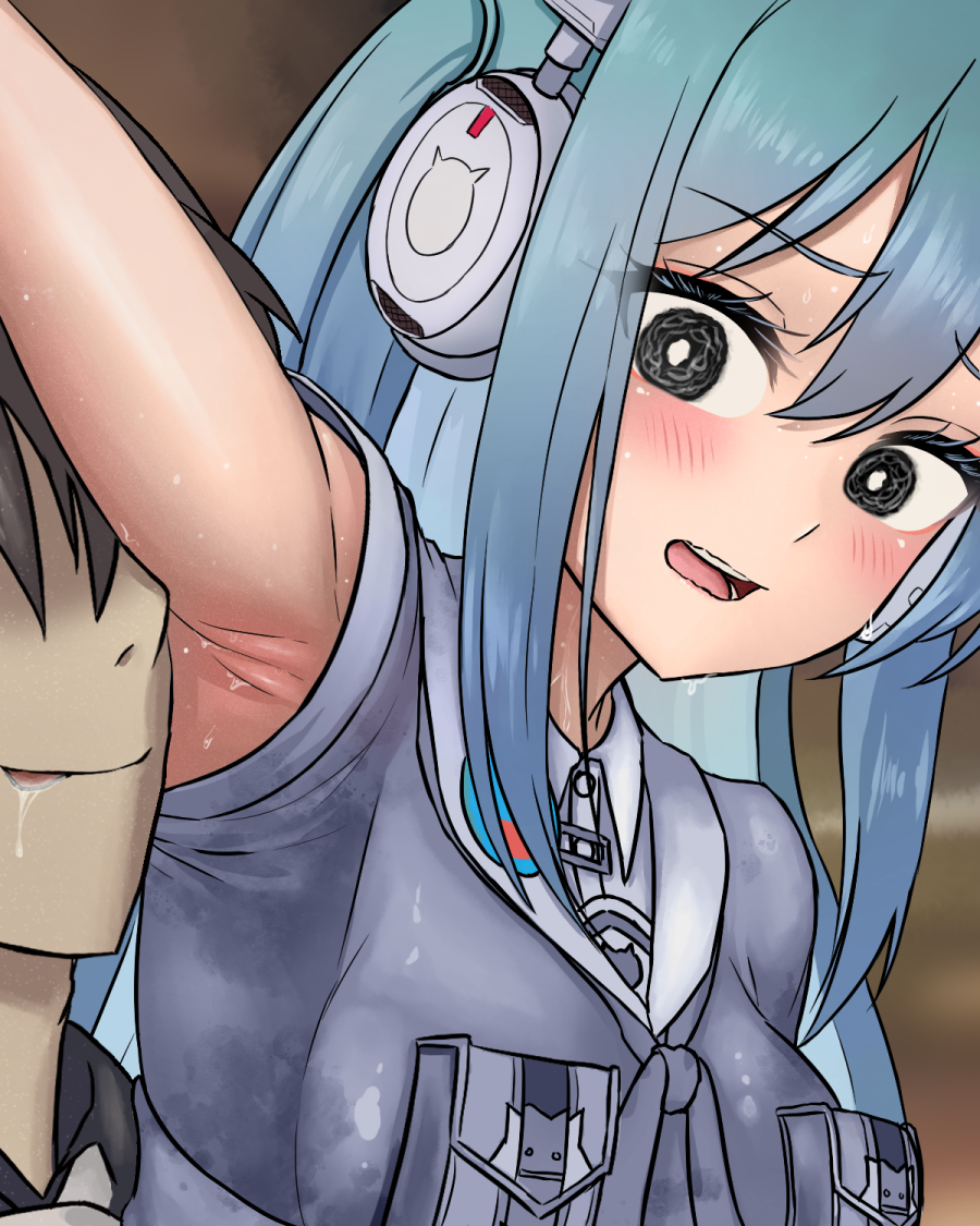 1boy 1girl armpits black_hair blue_hair blurry blurry_background blush breast_pocket breasts brown_background collared_shirt commander_(nikke) embarrassed eyelashes goddess_of_victory:_nikke hair_between_eyes headphones long_bangs long_hair looking_down naughty_face nose open_mouth pocket saliva shifty_(nikke) shirt sleeveless small_breasts smell sphere-stc sweat sweaty_clothes uniform upper_body very_sweaty