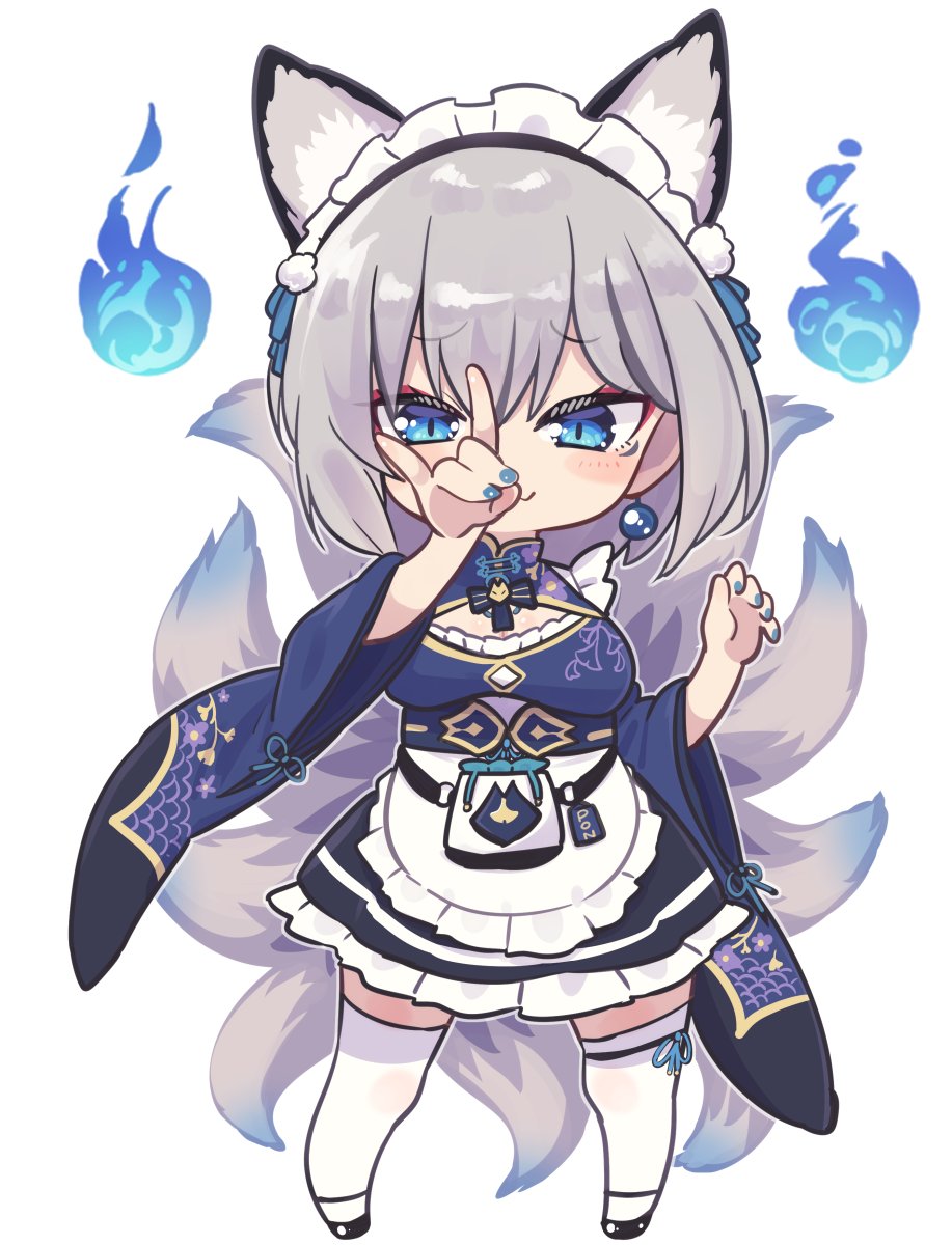 1girl :3 animal_ear_fluff animal_ears apron blue_eyes blue_nails blue_skirt blush_stickers breasts chibi cleavage_cutout clothing_cutout earrings extra_ears facial_mark fox_ears fox_girl fox_shadow_puppet fox_tail frilled_skirt frills full_body grey_hair hair_between_eyes hand_up highres hitodama inari_iroha jewelry lolita_fashion maid_apron maid_headdress medium_breasts multiple_tails noripro obi omamori pom_pom_(clothes) pouch red_eyeliner sash short_hair simple_background skirt smile solo tail thighhighs virtual_youtuber wa_lolita white_background white_thighhighs wide_sleeves yuuki_(yuyuki000)