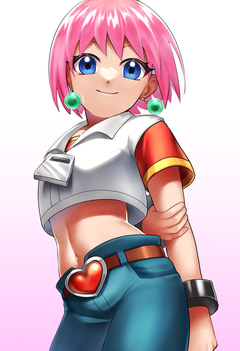 1girl arm_behind_back beauty_(bobobo-bo_bo-bobo) belt blue_eyes blue_pants bobobo-bo_bo-bobo bracelet earrings gradient_background heart jewelry midriff monoton_(neoteto) navel pants pink_background pink_hair short_hair short_sleeves simple_background smile solo zipper_pull_tab