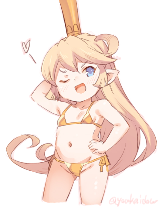 1girl ;d arm_up artist_name bare_arms bare_shoulders bikini blonde_hair blue_eyes breasts charlotta_(granblue_fantasy) commentary cowboy_shot crown gold_bikini granblue_fantasy groin hair_between_eyes hand_on_own_hip harvin heart jingai_modoki light_blush long_hair looking_at_viewer navel one_eye_closed open_mouth pointy_ears side-tie_bikini_bottom simple_background small_breasts smile smug solo stomach string_bikini swimsuit tall_crown twitter_username very_long_hair white_background