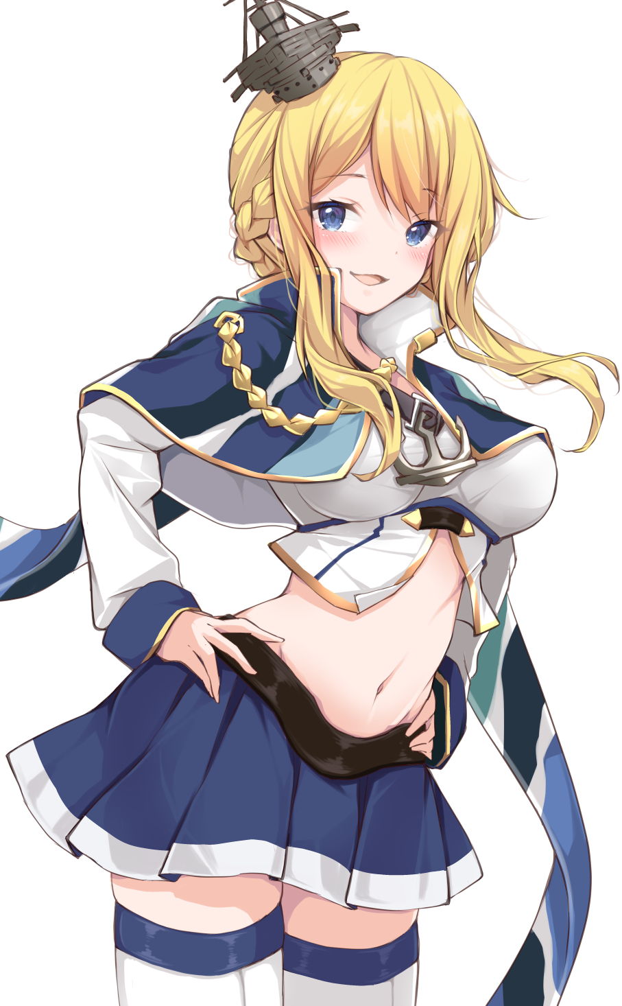 1girl aiguillette anchor azur_lane blonde_hair blue_capelet blue_eyes blue_skirt blush braid breasts capelet cowboy_shot crop_top crown french_braid hair_between_eyes hands_on_own_hips headgear highres long_hair long_sleeves looking_at_viewer medium_breasts mikuchi3939 mini_crown navel open_mouth pleated_skirt popped_collar renown_(azur_lane) sidelocks skirt smile solo thighhighs union_jack white_background