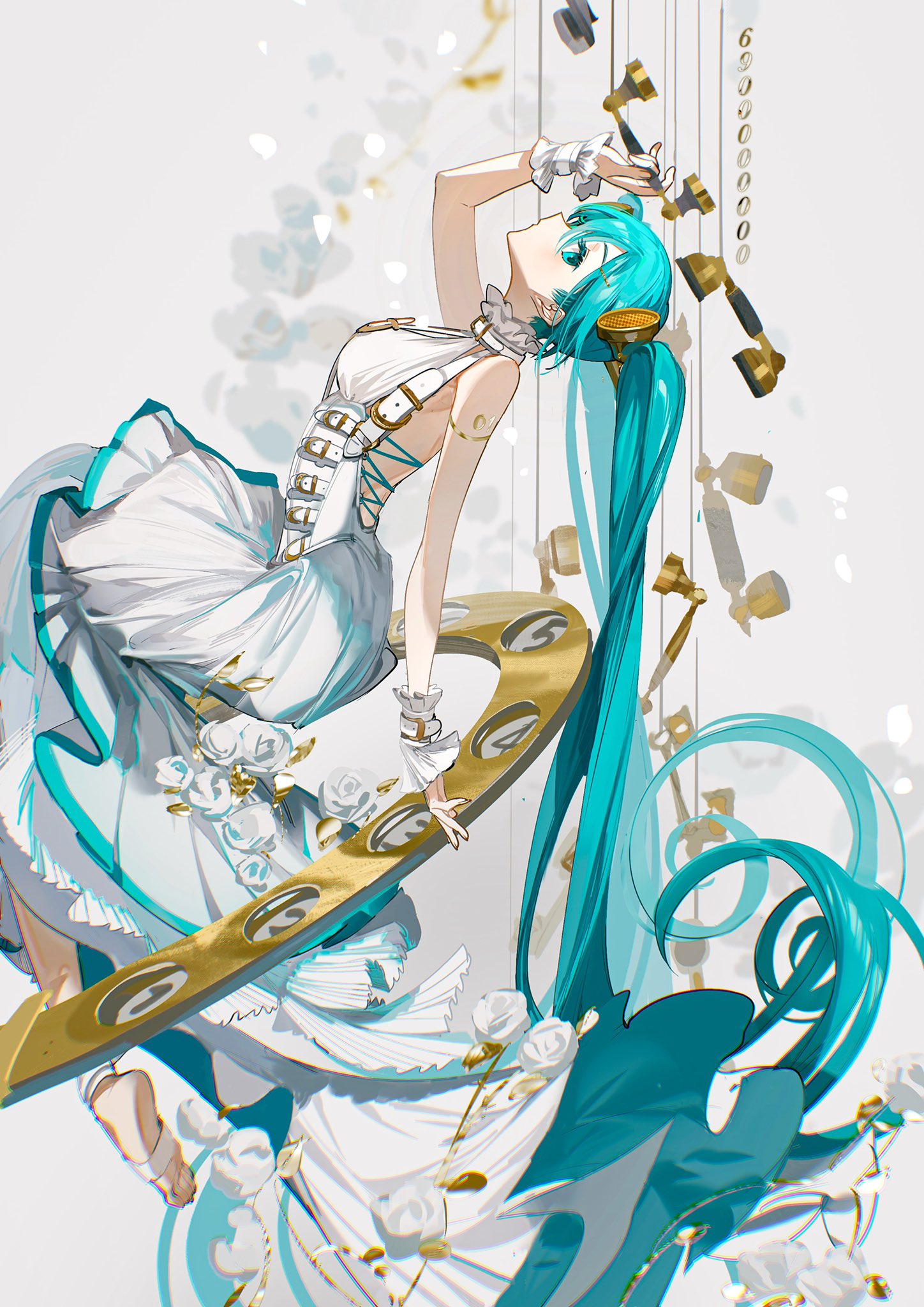 1girl antique_phone aqua_eyes aqua_hair arm_at_side arm_tattoo arm_up backless_dress backless_outfit belt buckle chromatic_aberration colored_eyelashes dress floating flower from_side full_body grey_background hair_ornament hairclip hatsune_miku highres holding holding_phone lace-up long_dress long_hair looking_at_viewer looking_to_the_side multiple_belts number_tattoo petals phone profile rose rose_petals rotary_phone rumoon sitting sleeveless sleeveless_dress solo tattoo train_(clothing) twintails very_long_hair vocaloid white_dress white_flower white_petals white_rose white_wrist_cuffs wrist_belt wrist_cuffs