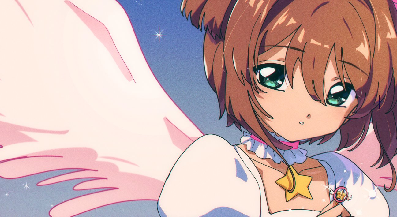 1990s_(style) 1girl blue_sky brown_hair cardcaptor_sakura dress green_eyes kinomoto_sakura large_wings looking_at_viewer magical_girl nzeneee pink_wings retro_artstyle sky solo star_(symbol) white_dress wings yellow_star