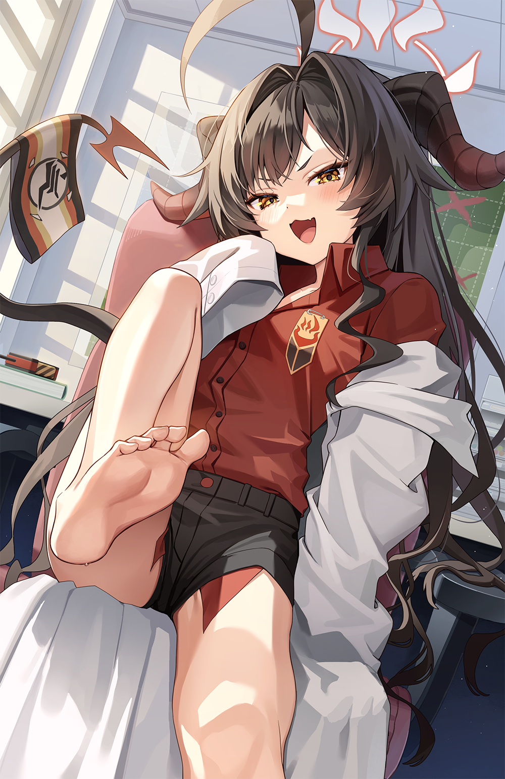 1girl barefoot black_hair black_horns black_shorts blue_archive coat collared_shirt commentary demon_horns demon_tail fang hair_intakes halo hand_up highres horns indoors kasumi_(blue_archive) lab_coat leg_up looking_at_viewer micro_shorts open_mouth parted_bangs pine_(angel4195202) red_halo red_shirt shirt shorts sitting skin_fang sleeves_past_fingers sleeves_past_wrists smile solo tail toes v-shaped_eyebrows white_coat yellow_eyes