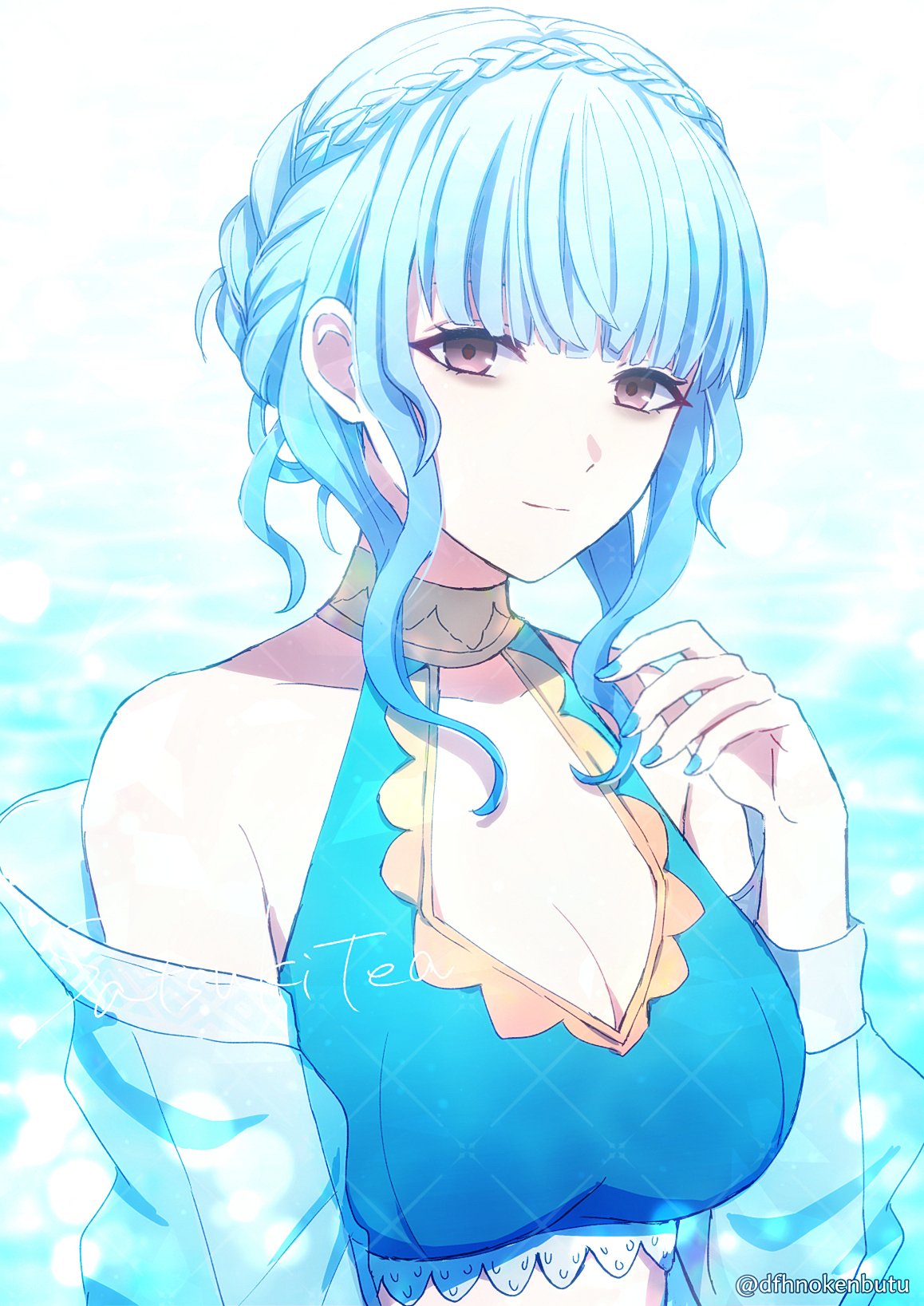 1girl bags_under_eyes bikini blue_bikini blue_hair blue_nails blunt_bangs braid breasts brown_eyes cleavage commentary crown_braid dfhnokenbutu fire_emblem fire_emblem:_three_houses fire_emblem_heroes highres light_smile looking_at_viewer marianne_von_edmund marianne_von_edmund_(summer) medium_breasts official_alternate_costume short_hair short_hair_with_long_locks sidelocks signature solo swimsuit symbol-only_commentary twitter_username