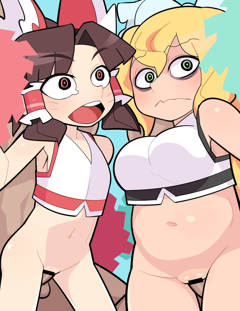 2boys 2girls alternate_costume armpits arms_up bags_under_eyes bar_censor benikurage_(cookie) blonde_hair blue_background bottomless bow breasts brown_hair censored cheerleader commentary_request cookie_(touhou) cowboy_shot crop_top facial_mark flat_chest frilled_bow frilled_hair_tubes frills green_eyes hair_between_eyes hair_bow hair_tubes hakurei_reimu hetero hospital_king kirisame_marisa large_breasts long_hair mars_(cookie) medium_bangs medium_hair multiple_boys multiple_girls navel open_mouth parted_bangs penis plump pom_pom_(cheerleading) ponytail pussy red_bow red_eyes ringed_eyes sex sex_from_behind simple_background small_breasts smile textless_version touhou vaginal wavy_mouth whisker_markings white_bow