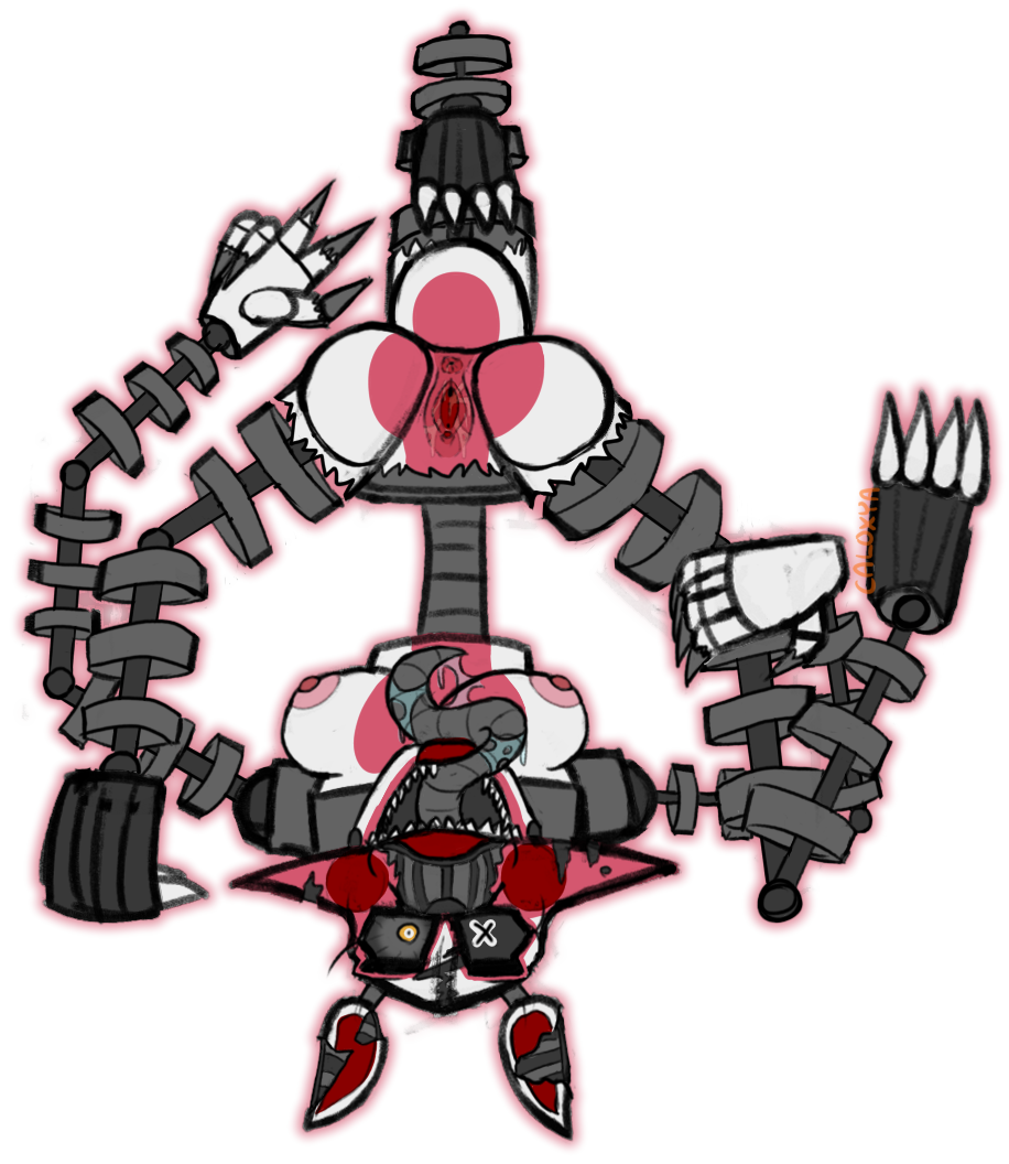 3_feet 3_legs animatronic anthro anus bodily_fluids breasts butt caloxya canid canine endoskeleton female five_nights_at_freddy's five_nights_at_freddy's_4 fox genital_fluids genitals long_tongue looking_at_viewer machine mammal multi_leg multi_limb nightmare_mangle_(fnaf) presenting presenting_pussy pussy pussy_juice robot saliva saliva_string scottgames solo tongue upside_down