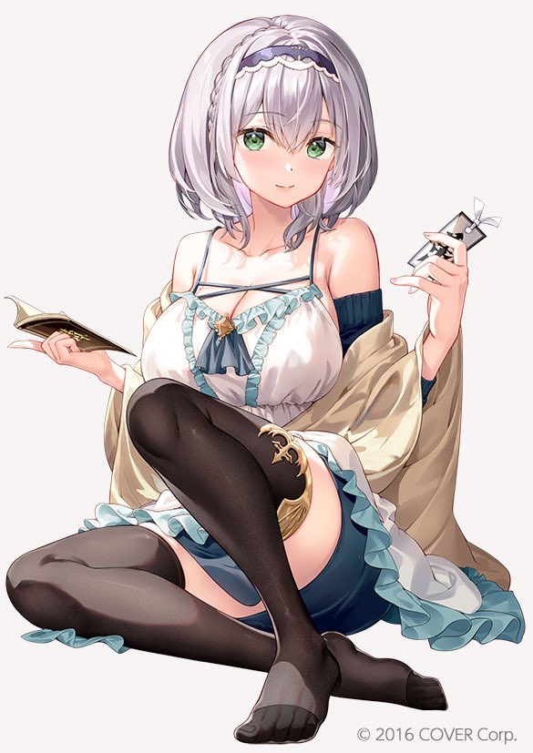 1girl alternate_costume bare_shoulders black_thighhighs blush book braid breasts cleavage collarbone convenient_leg dress feet frilled_dress frills fujima_takuya full_body gold_trim green_eyes grey_background grey_hair hair_between_eyes hairband hands_up holding hololive huge_breasts knee_up legs looking_at_viewer medium_hair off_shoulder official_art on_ground open_book see-through see-through_legwear shirogane_noel sitting smile solo thighhighs toenails virtual_youtuber