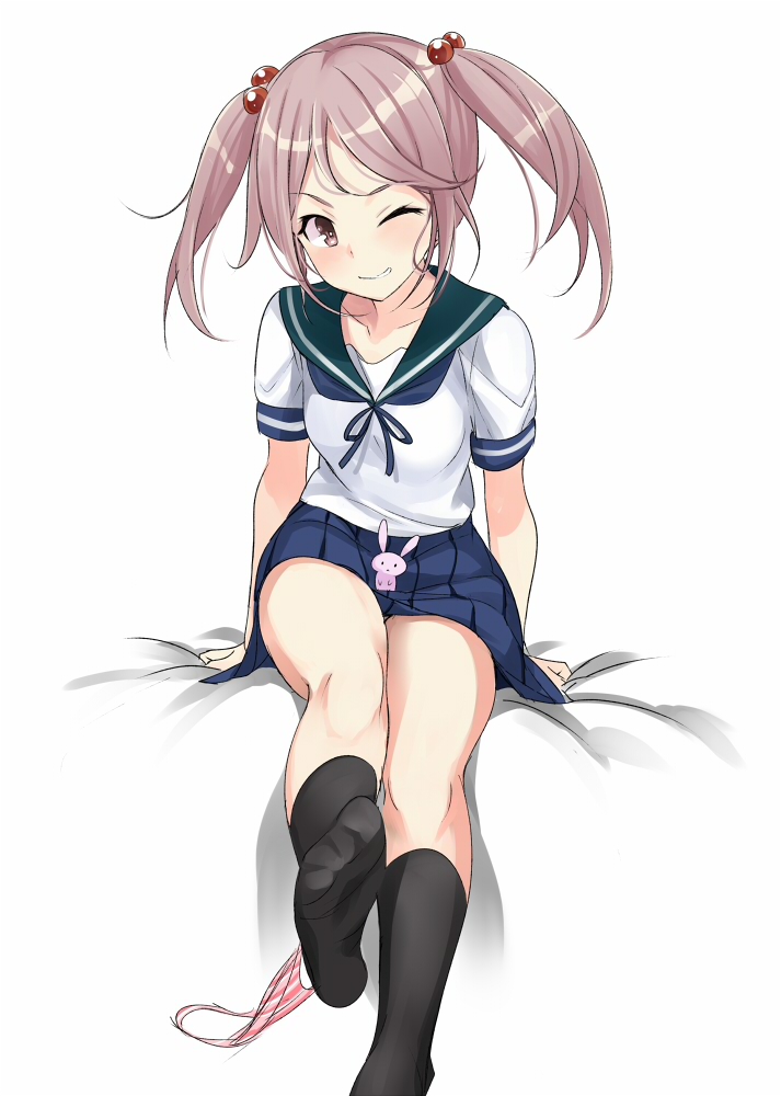 1girl animal black_socks blue_skirt blush collarbone green_sailor_collar hair_bobbles hair_ornament kantai_collection one-hour_drawing_challenge one_eye_closed panties pink_eyes pink_hair pleated_skirt rabbit sailor_collar sazanami_(kancolle) school_uniform serafuku short_hair short_sleeves simple_background skirt smile socks solo striped striped_panties takase_muh twintails underwear white_background