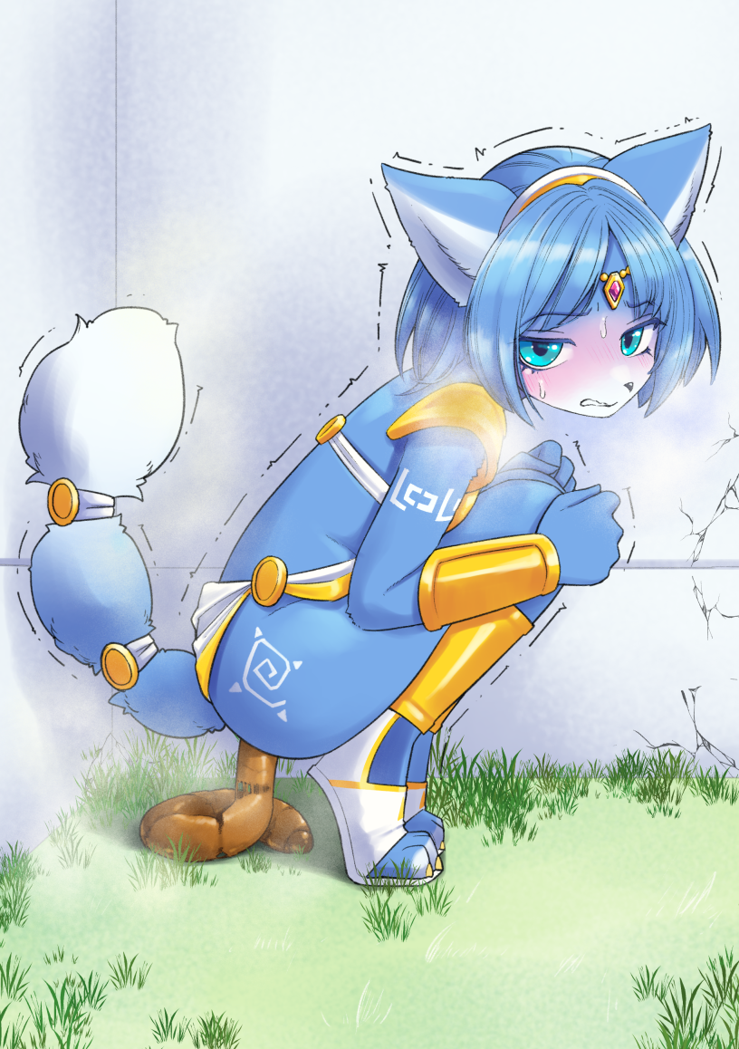 2023 anthro blue_body blue_eyes blue_fur blue_hair blush breath canid canine clothed clothing crouching feces female fox fur hair krystal mammal nintendo panting pooping pooping_on_floor scat shaking solo star_fox tail trembling unoroute unousaya