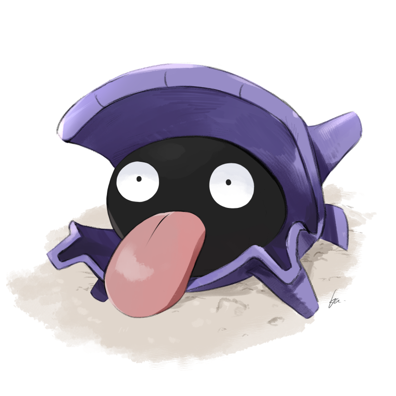 black_eyes commentary_request full_body haisato_(ddclown14) looking_up no_humans pokemon pokemon_(creature) sand shellder signature solo spikes tongue white_background